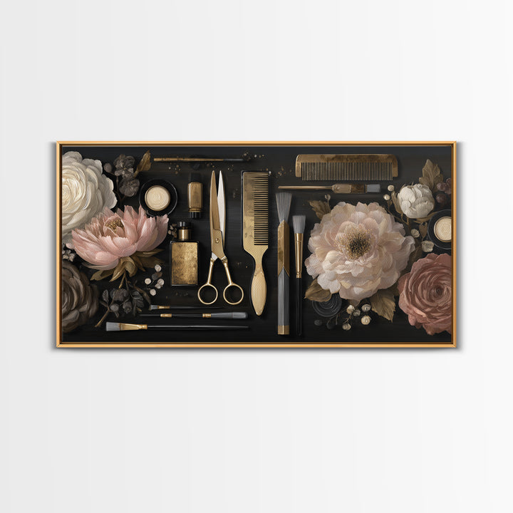 Luxury Black and Gold Beauty Emblem Framed Canvas Print, Hair Salon Art, African American Art, Living Room Decor, Oil Painting, HSA-2x1-92