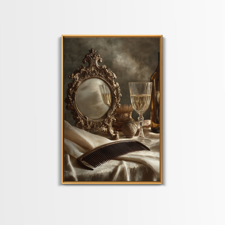 Baroque Mirror and Comb Still Life Framed Canvas Print, Hair Salon Art, Wall Art, Living Room Decor, Fine Art, Style, HSA-2x3-25