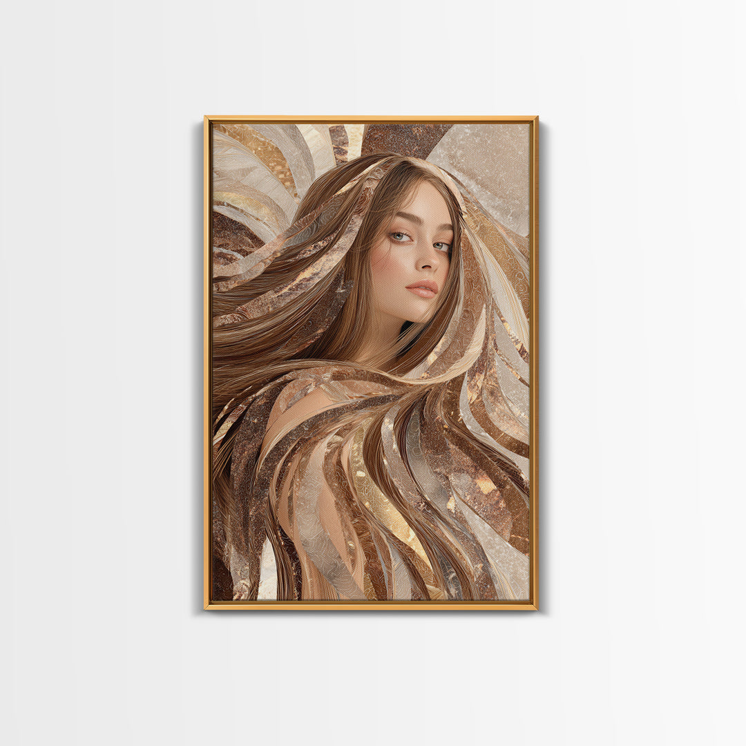 Fashion Portrait with Flowing Glossy Hair Framed Canvas Print, Hair Salon Art, Metal Wall Art, Living Room Decor, Style, HSA-2x3-33