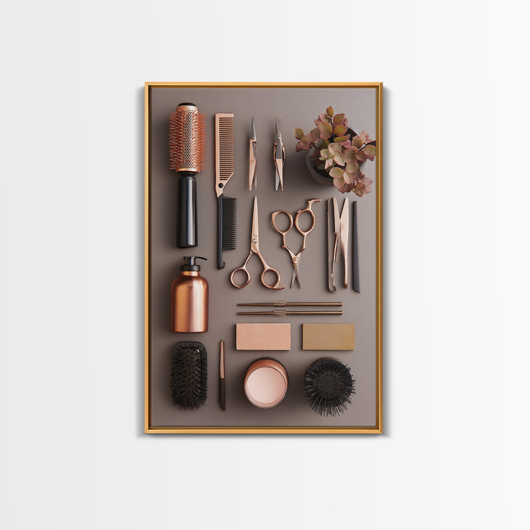 Rose Gold Salon Tool Still Life Framed Canvas Print, Hair Salon Art, Textured Painting, Living Room Decor, Fine Art, Style, HSA-2x3-46