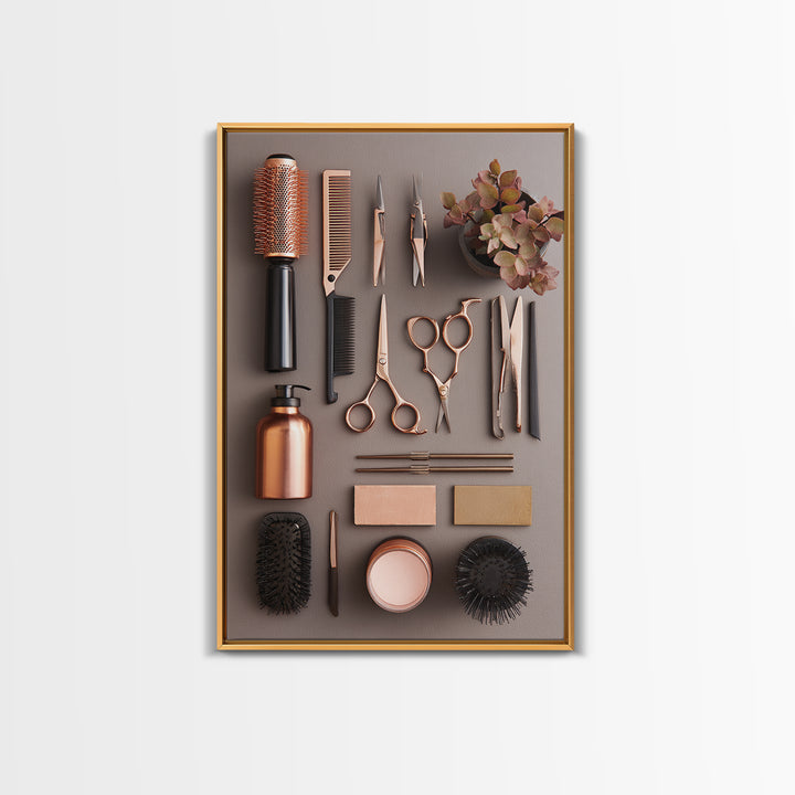 Rose Gold Salon Tool Still Life Framed Canvas Print, Hair Salon Art, Textured Painting, Living Room Decor, Fine Art, Style, HSA-2x3-46