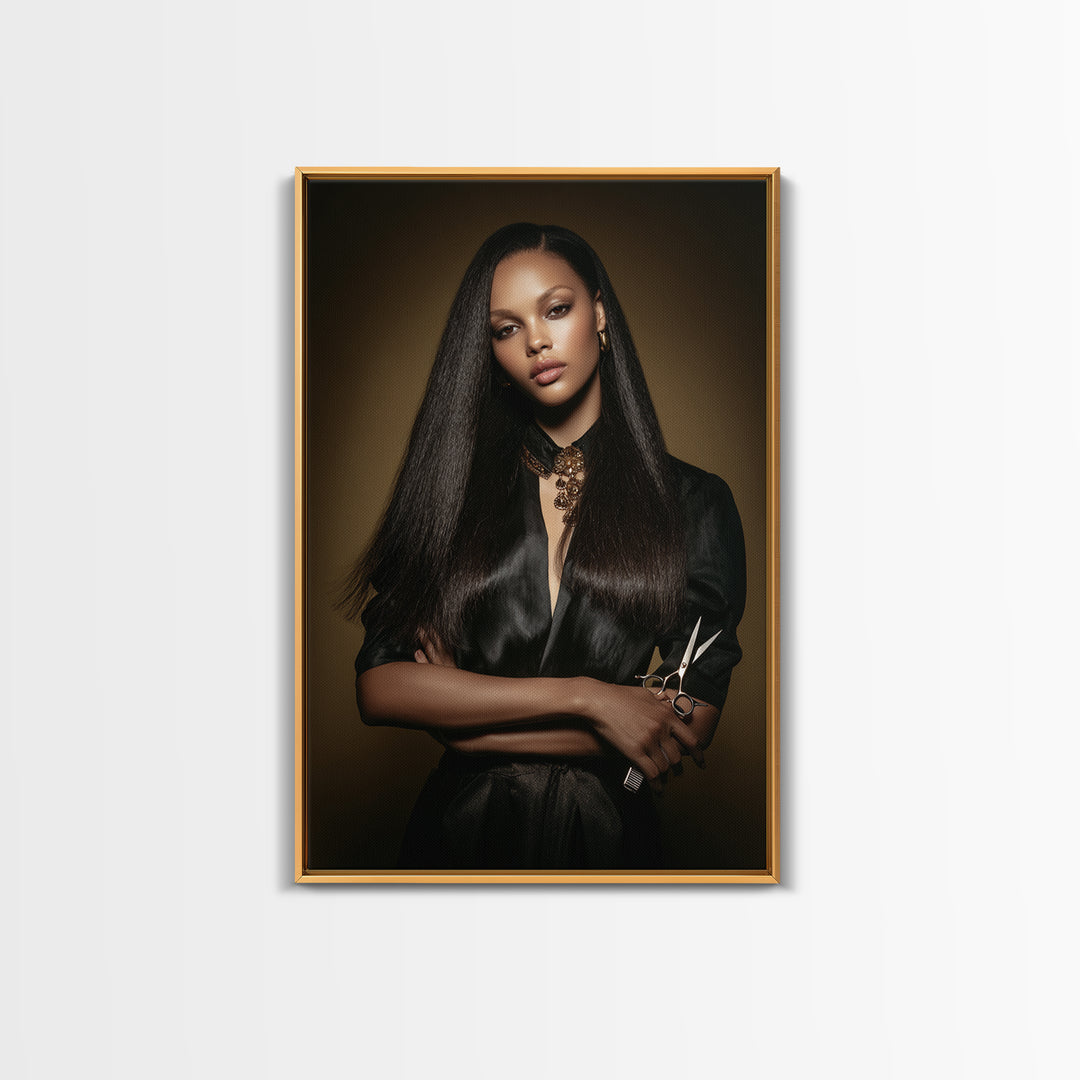 Luxury Black and Gold Beauty Emblem Framed Canvas Print, Hair Salon Art, Gallery Decor, Living Room Decor, Abstract Art, Style, HSA-2x3-56