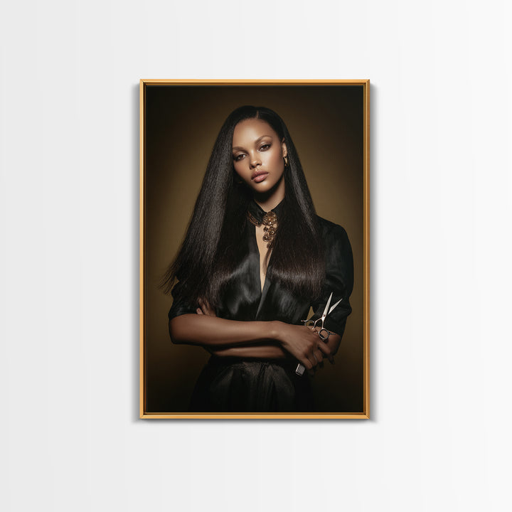 Luxury Black and Gold Beauty Emblem Framed Canvas Print, Hair Salon Art, Gallery Decor, Living Room Decor, Abstract Art, Style, HSA-2x3-56
