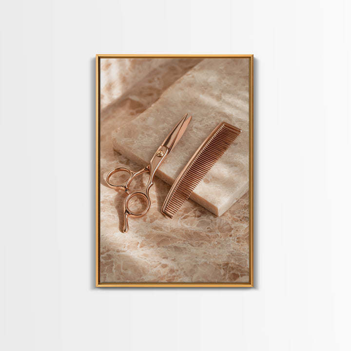 Gold Scissors and Comb Still Life on Canvas Print, Hair Salon Art, Art Print, Living Room Decor, Style, Black Owned Art, HSA-2x3-58