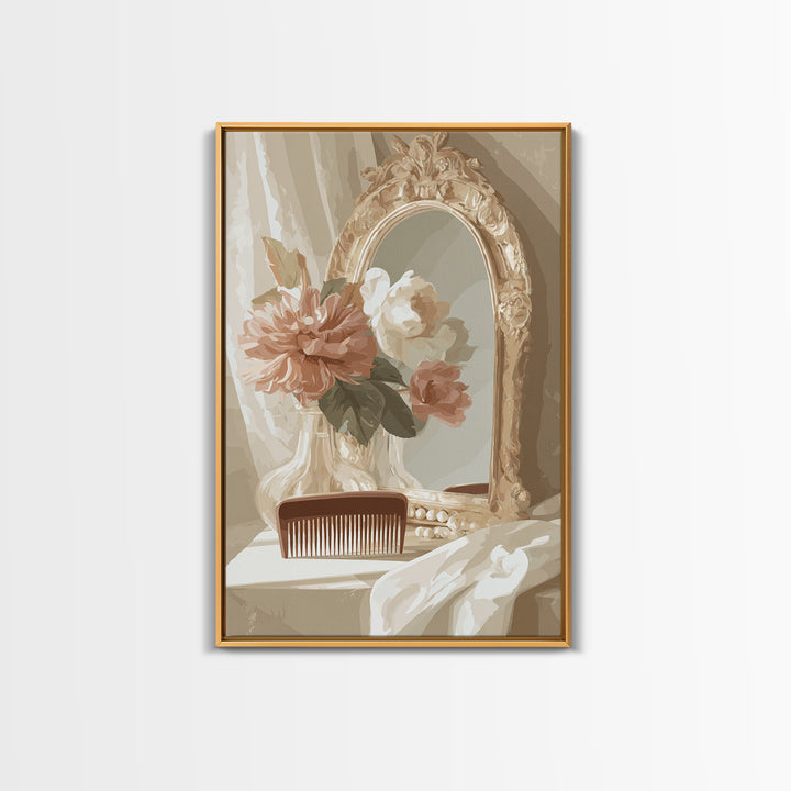 Baroque Mirror and Comb Still Life Framed Canvas Print, Hair Salon Art, Modern Art, Living Room Decor, Fine Art, Style, HSA-2x3-73