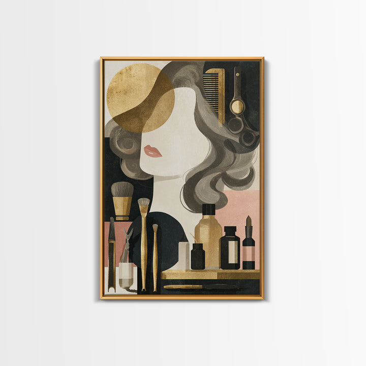 Luxury Black and Gold Beauty Emblem Framed Canvas Print, Hair Salon Art, Living Room Decor, Watercolor Art, Style, HSA-2x3-80