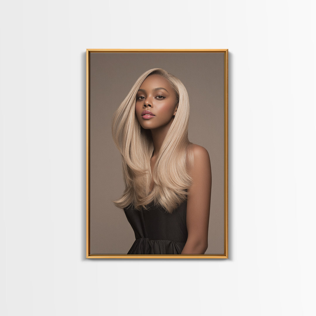 Fashion Portrait with Flowing Glossy Hair Canvas Print, Hair Salon Art, African American Art, Living Room Decor, Style, HSA-2x3-81