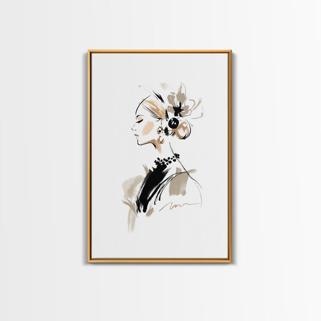 Black and White Line Art Salon Figure Framed Canvas Print, Hair Salon Art, African Art, Living Room Decor, Fine Art, Style, HSA-2x3-87
