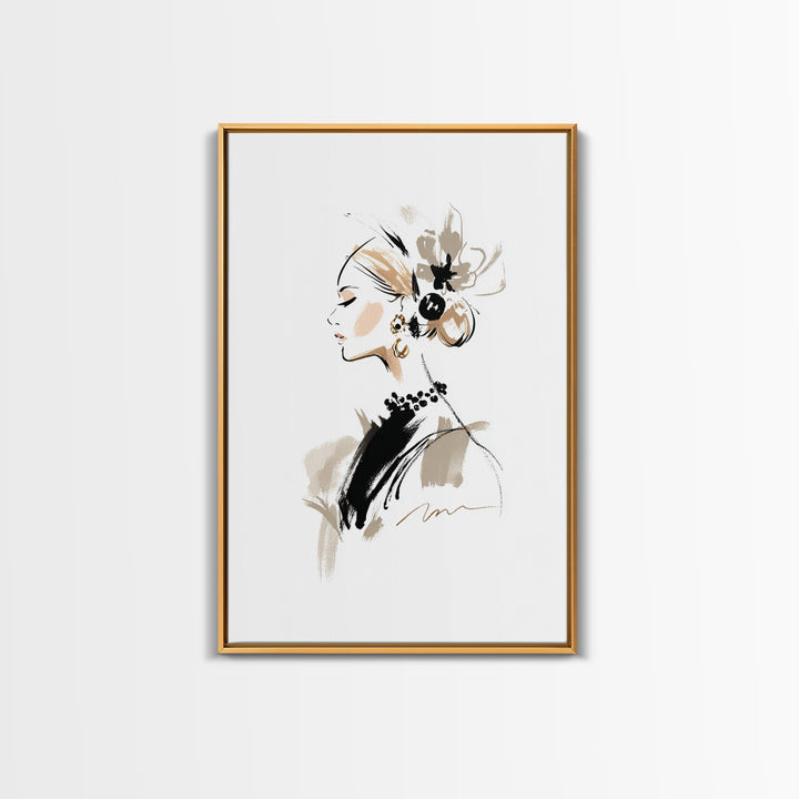 Black and White Line Art Salon Figure Framed Canvas Print, Hair Salon Art, African Art, Living Room Decor, Fine Art, Style, HSA-2x3-87