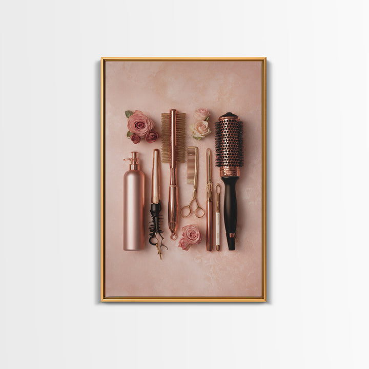 Rose Gold Salon Tool Still Life Framed Canvas Print, Hair Salon Art, Metal Wall Art, Living Room Decor, Fine Art, Style, HSA-2x3-94