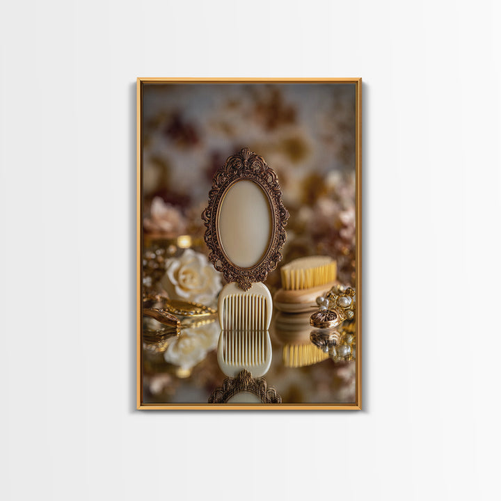 Baroque Mirror and Comb Still Life Framed Canvas Print, Hair Salon Art, Modern Art, Living Room Decor, Fine Art, Style, HSA-2x3-97
