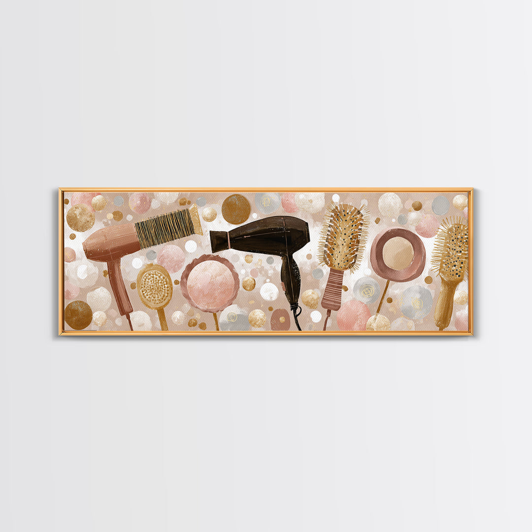 Hairdryer and Brush Framed Canvas Print, Hair Salon Art, African American Art, Living Room Decor, Fine Art, Style, Salon Sign, HSA-3x1-1