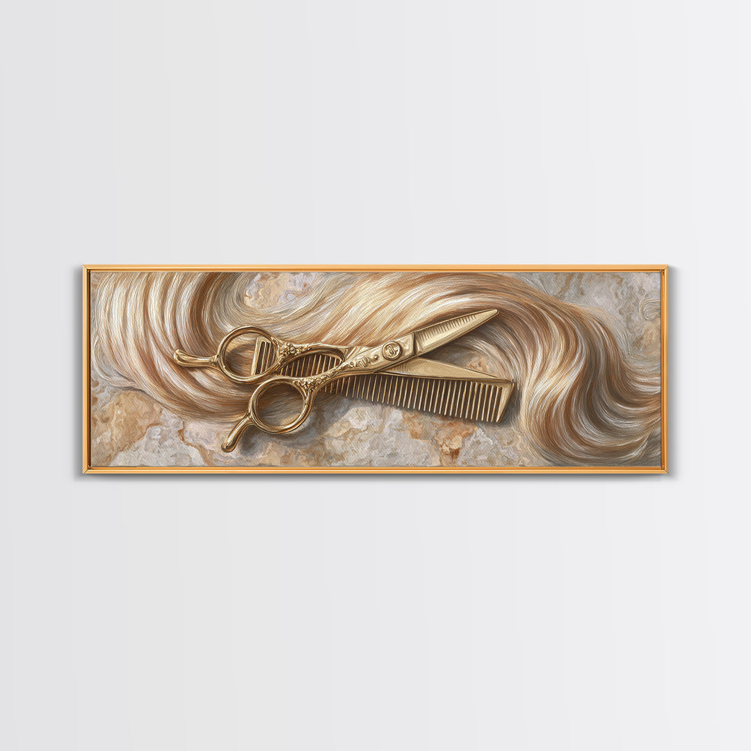 Gold Scissors and Comb Still Life on Framed Canvas Print, Hair Salon Art, Black Art, Living Room Decor, Fine Art, Style, HSA-3x1-18
