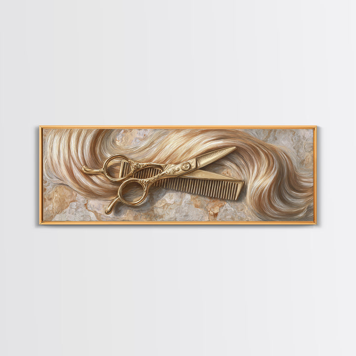 Gold Scissors and Comb Still Life on Framed Canvas Print, Hair Salon Art, Black Art, Living Room Decor, Fine Art, Style, HSA-3x1-18