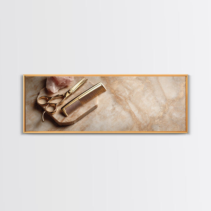Gold Scissors and Comb Still Life on Canvas Print, Hair Salon Art, Black Art Prints, Living Room Decor, Fine Art, Style, HSA-3x1-66