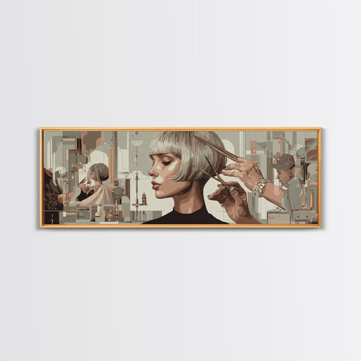 Woman with Dramatic Bob Haircut in Art Framed Canvas Print, Hair Salon Art, Contemporary Art, Living Room Decor, Style, HSA-3x1-68