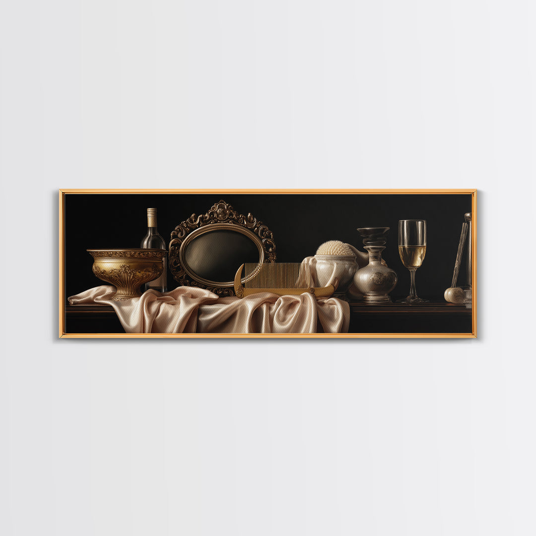 Baroque Mirror and Comb Still Life Framed Canvas Print, Hair Salon Art, Black Girl Art, Living Room Decor, Fine Art, Style, HSA-3x1-81