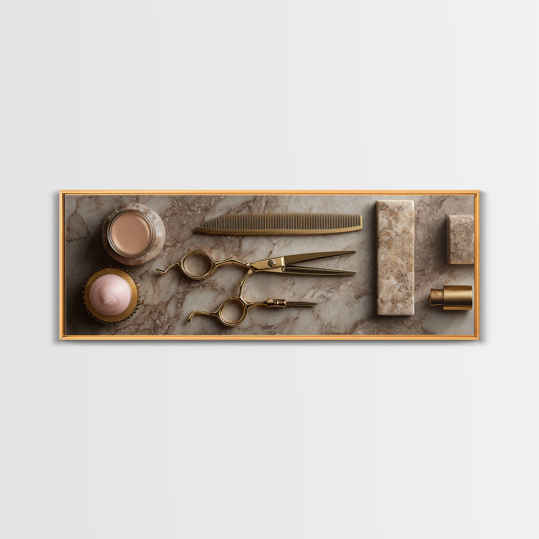 Gold Scissors and Comb Still Life on Framed Canvas Print, Hair Salon Art, Black and White Art, Living Room Decor, Style, HSA-3x1-90