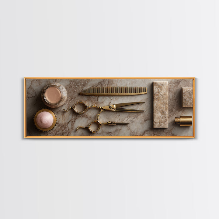 Gold Scissors and Comb Still Life on Framed Canvas Print, Hair Salon Art, Black and White Art, Living Room Decor, Style, HSA-3x1-90