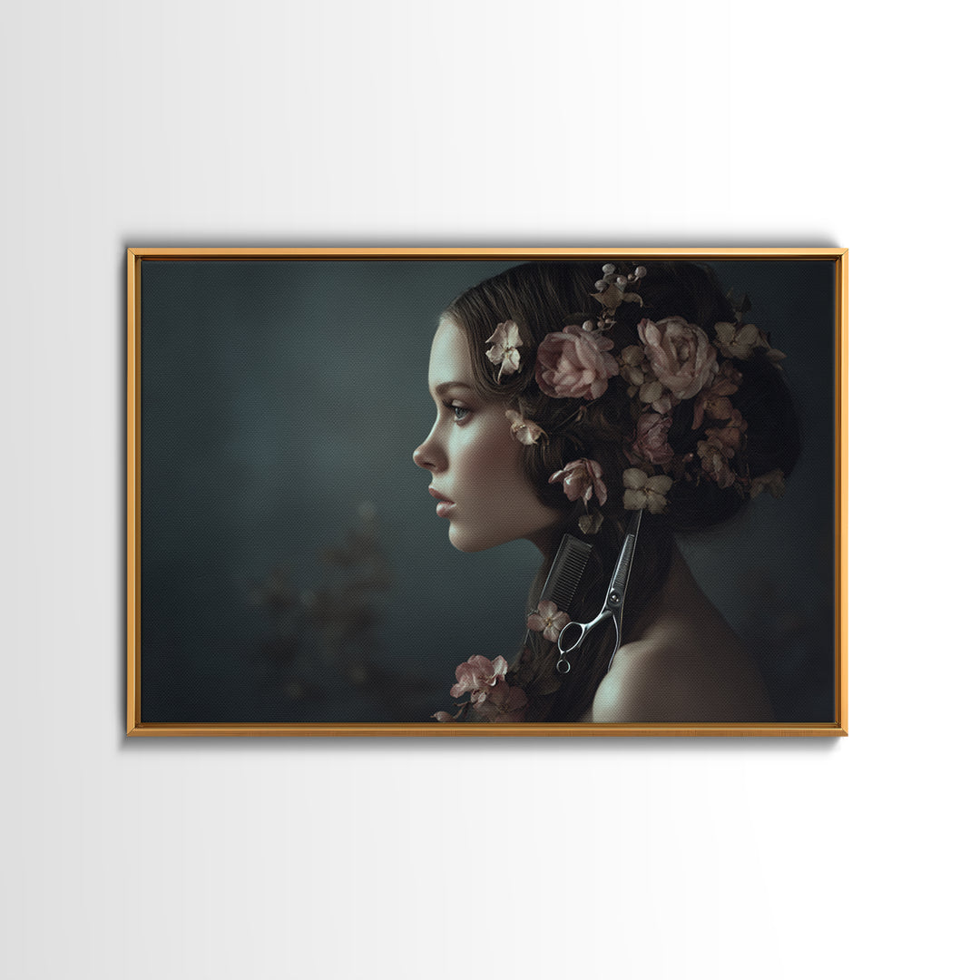 Botanical Hairstyle Portrait Framed Canvas Print, Hair Salon Art, Modern Art, Living Room Decor, Oil Painting, Style, HSA-3x2-10