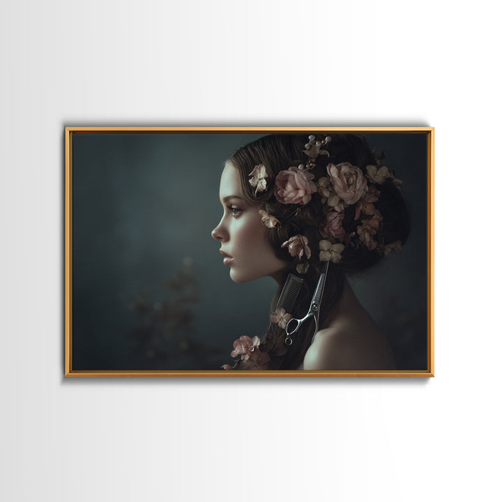 Botanical Hairstyle Portrait Framed Canvas Print, Hair Salon Art, Modern Art, Living Room Decor, Oil Painting, Style, HSA-3x2-10