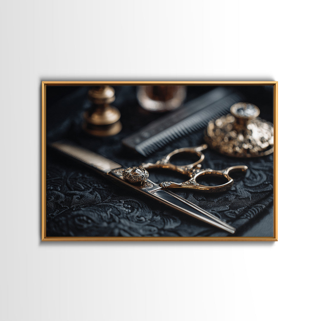 Luxury Black and Gold Beauty Emblem Framed Canvas Print, Hair Salon Art, Modern Decor, Living Room Decor, Oil Painting, Style, HSA-3x2-100