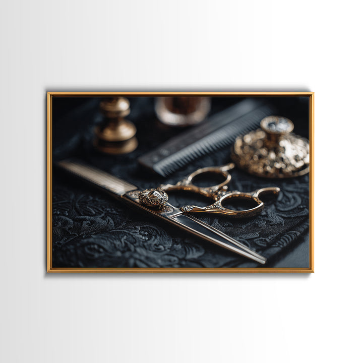 Luxury Black and Gold Beauty Emblem Framed Canvas Print, Hair Salon Art, Modern Decor, Living Room Decor, Oil Painting, Style, HSA-3x2-100
