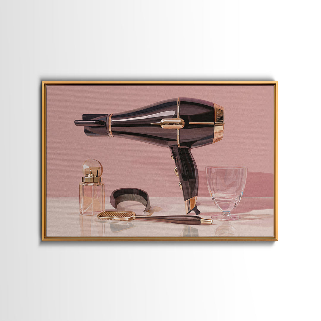 Hairdryer and Brush Framed Canvas Print, Hair Salon Art, African Art, Living Room Decor, Watercolor Art, Style, HSA-3x2-13