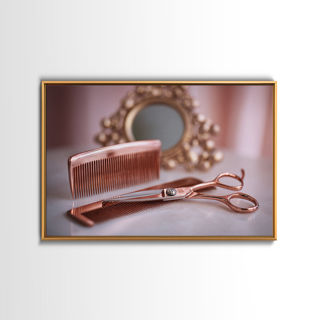 Rose Gold Salon Tool Still Life Framed Canvas Print, Hair Salon Art, Metal Wall Art, Living Room Decor, Fine Art, Style, HSA-3x2-18