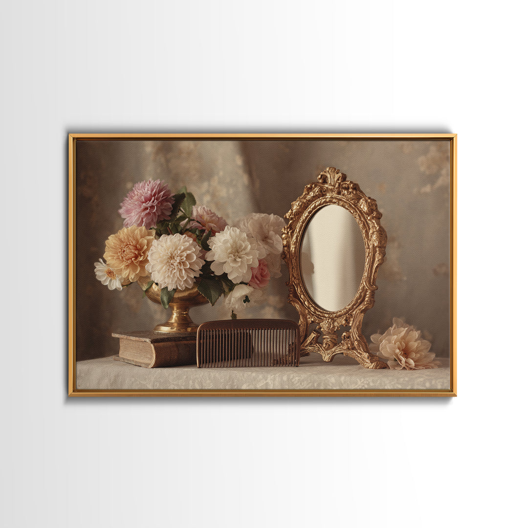 Baroque Mirror and Comb Still Life Canvas Print, Hair Salon Art, Black Owned Art, Living Room Decor, Fine Art, Style, HSA-3x2-21