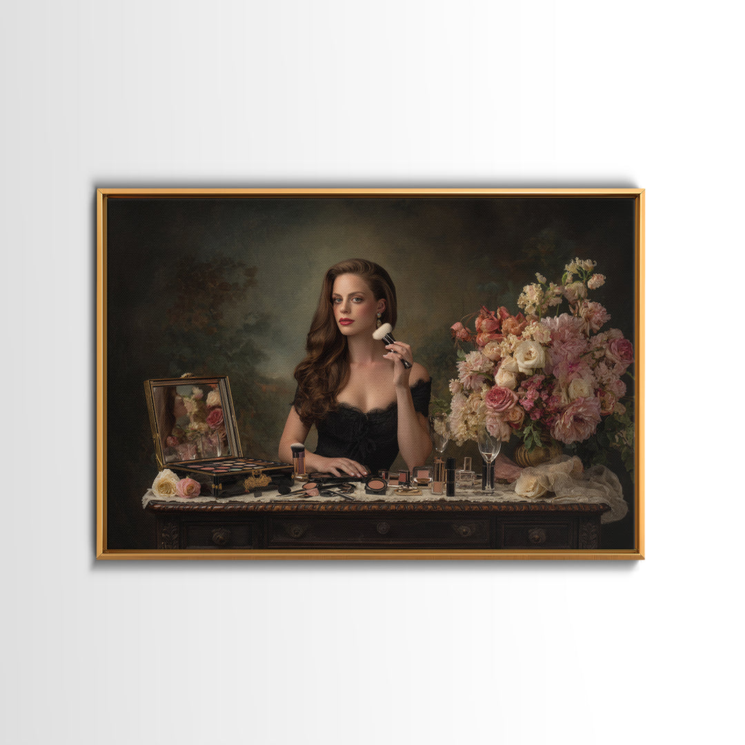 Makeup Palette and Flowers Arrangement Canvas Print, Hair Salon Art, Black Art, Living Room Decor, Watercolor Art, Style, HSA-3x2-22