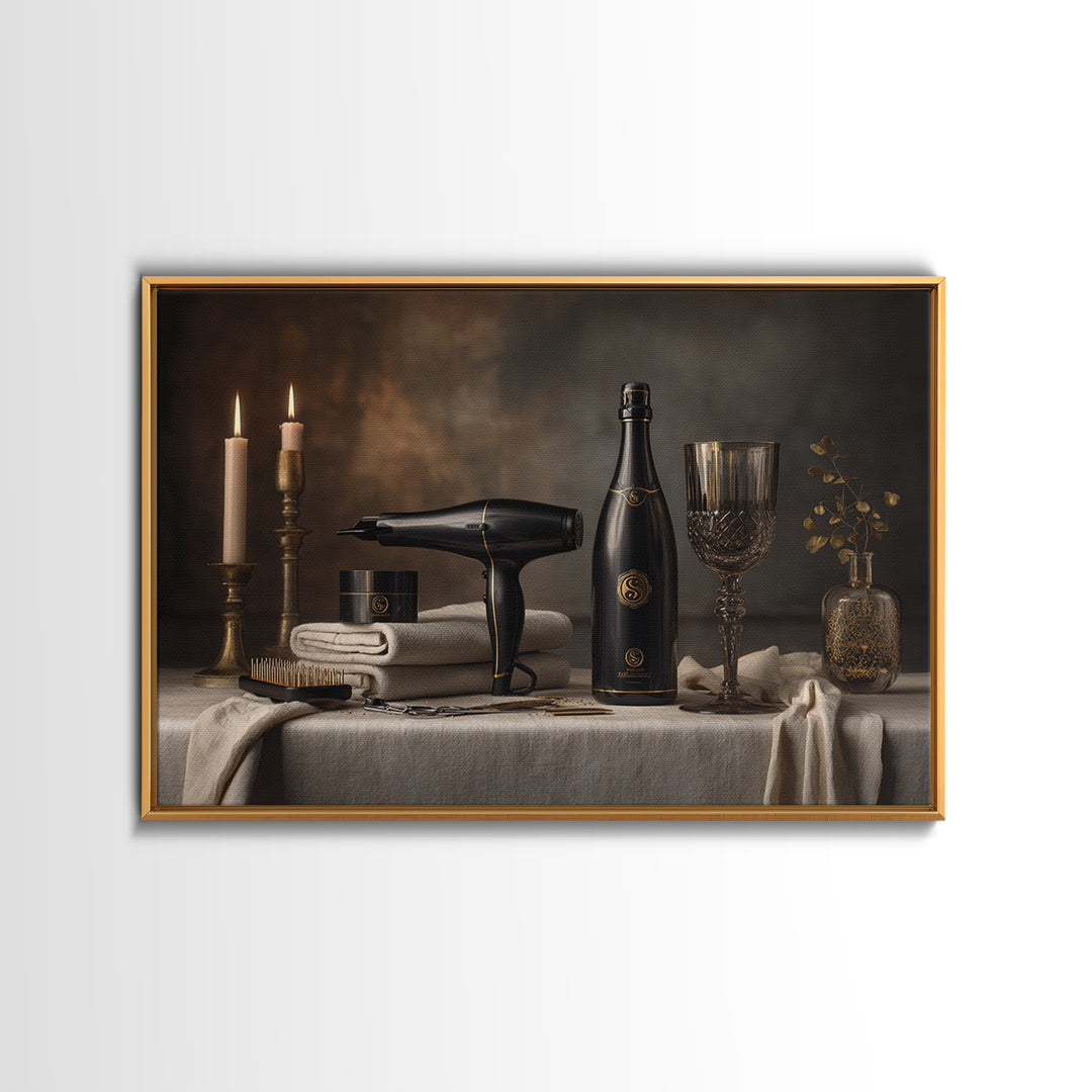 Luxury Black and Gold Beauty Emblem Framed Canvas Print, Hair Salon Art, Black Wall Art, Living Room Decor, Fine Art, Style, HSA-3x2-28