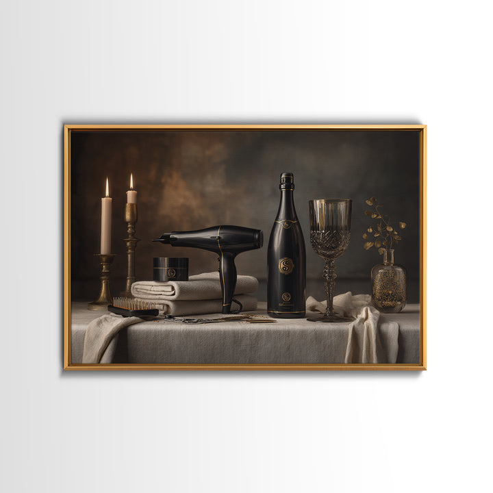 Luxury Black and Gold Beauty Emblem Framed Canvas Print, Hair Salon Art, Black Wall Art, Living Room Decor, Fine Art, Style, HSA-3x2-28