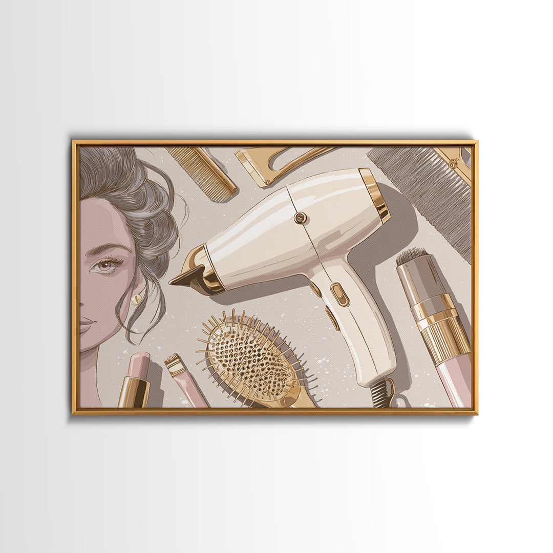 Hairdryer and Brush Canvas Print, Hair Salon Art, Black Girl Art, Living Room Decor, Oil Painting, Style, Modern Decor, HSA-3x2-37