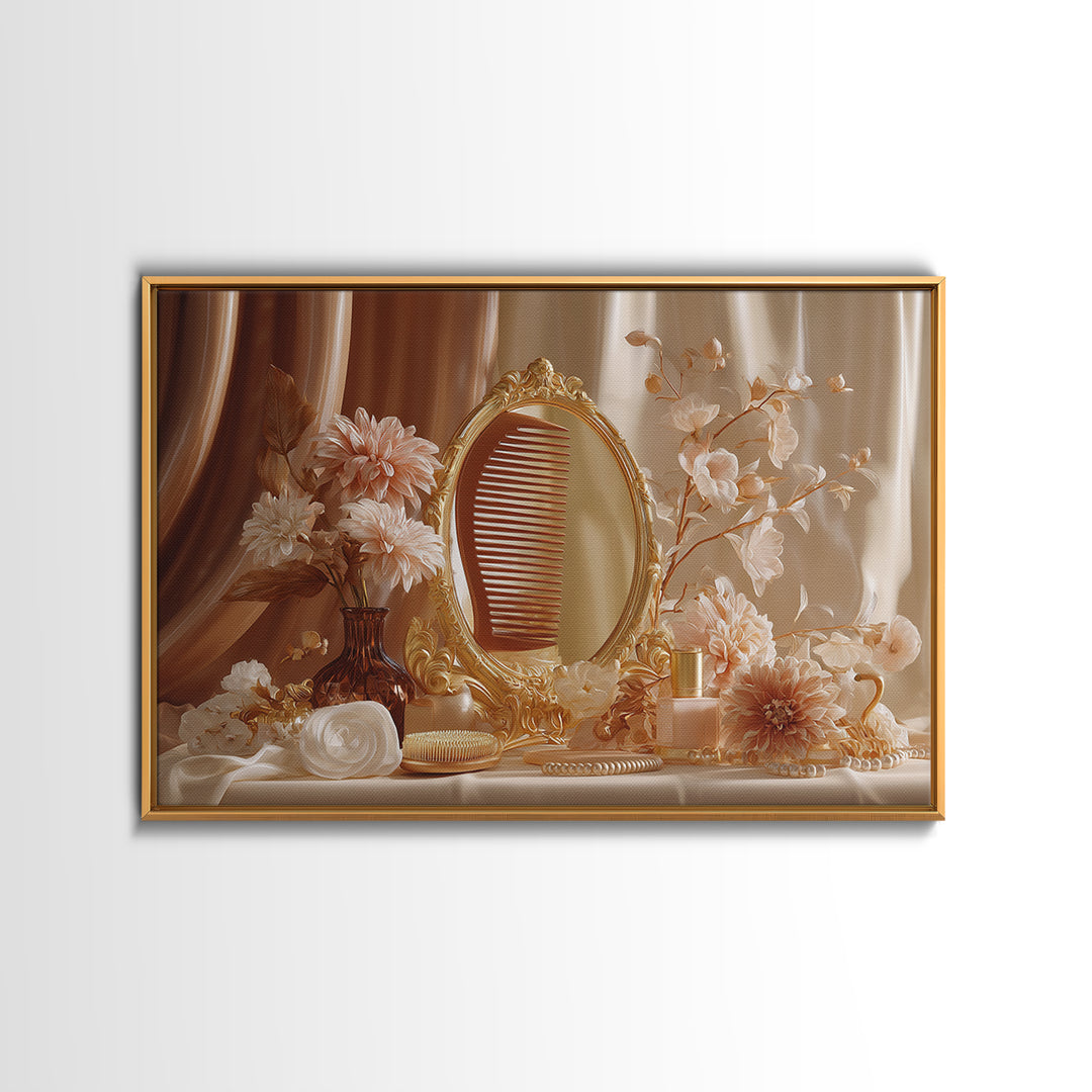 Baroque Mirror and Comb Still Life Framed Canvas Print, Hair Salon Art, Afrocentric Art, Living Room Decor, Fine Art, Style, HSA-3x2-45