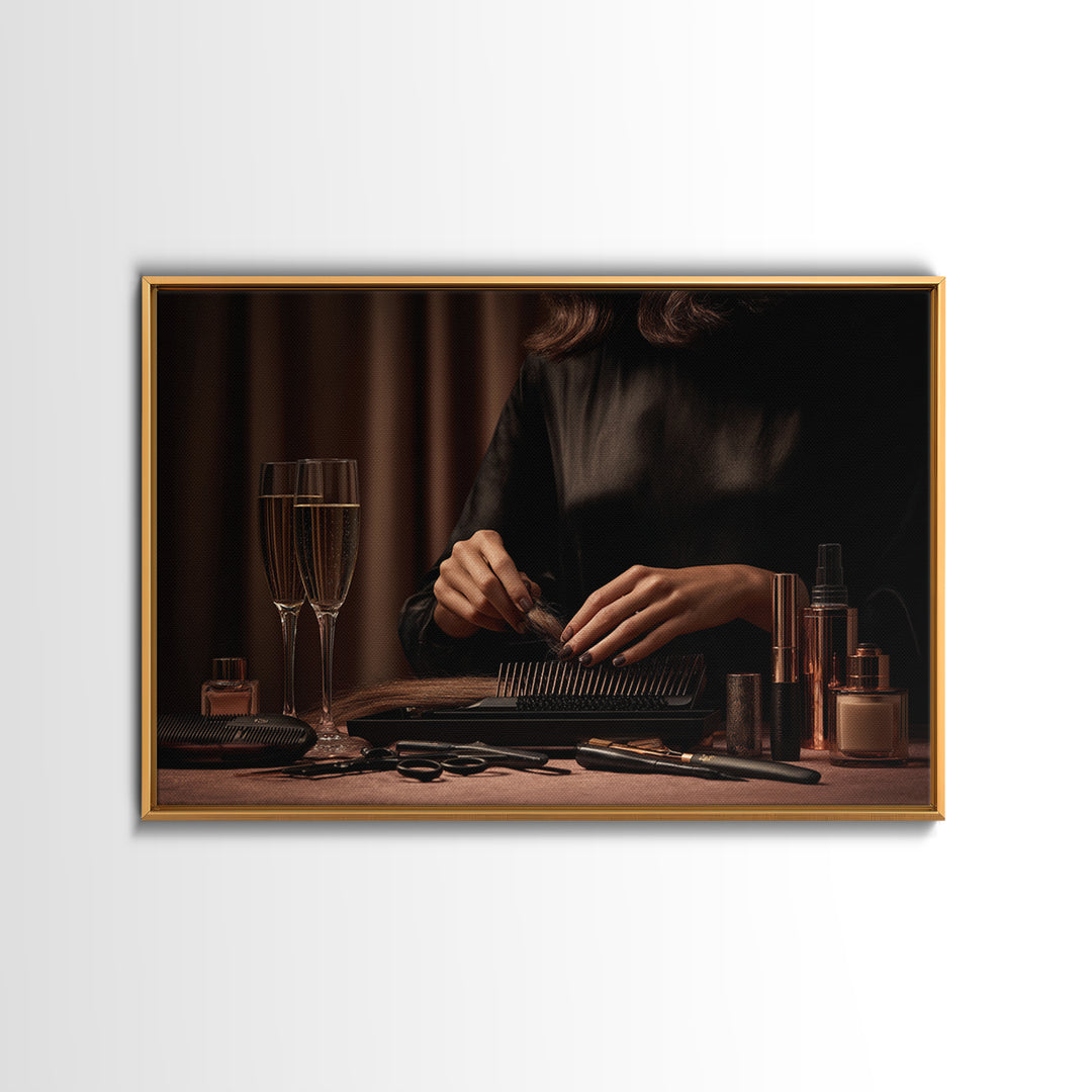 Elegant Hands Styling Hair Framed Canvas Print, Hair Salon Art, African Art, Living Room Decor, Oil Painting, Style, HSA-3x2-50