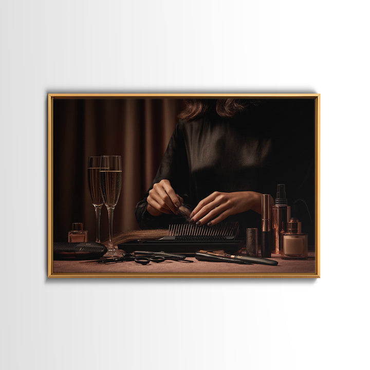 Elegant Hands Styling Hair Framed Canvas Print, Hair Salon Art, African Art, Living Room Decor, Oil Painting, Style, HSA-3x2-50