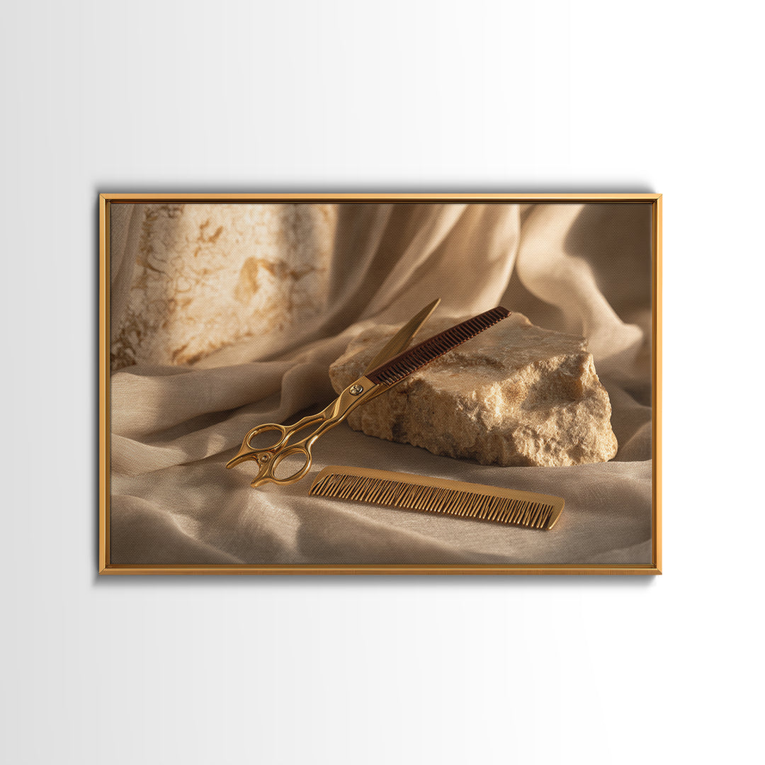 Gold Scissors and Comb Still Life on Canvas Print, Hair Salon Art, Black Woman Art, Living Room Decor, Fine Art, Style, HSA-3x2-54