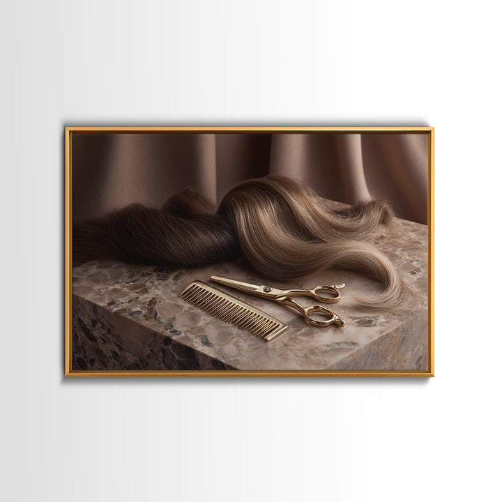 Gold Scissors and Comb Still Life on Framed Canvas Print, Hair Salon Art, Black Wall Art, Living Room Decor, Fine Art, Style, HSA-3x2-6