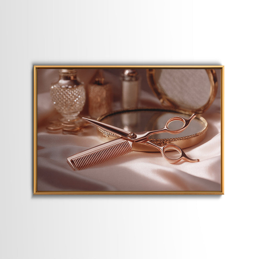 Rose Gold Salon Tool Still Life Canvas Print, Hair Salon Art, African American Art, Living Room Decor, Fine Art, Style, HSA-3x2-66