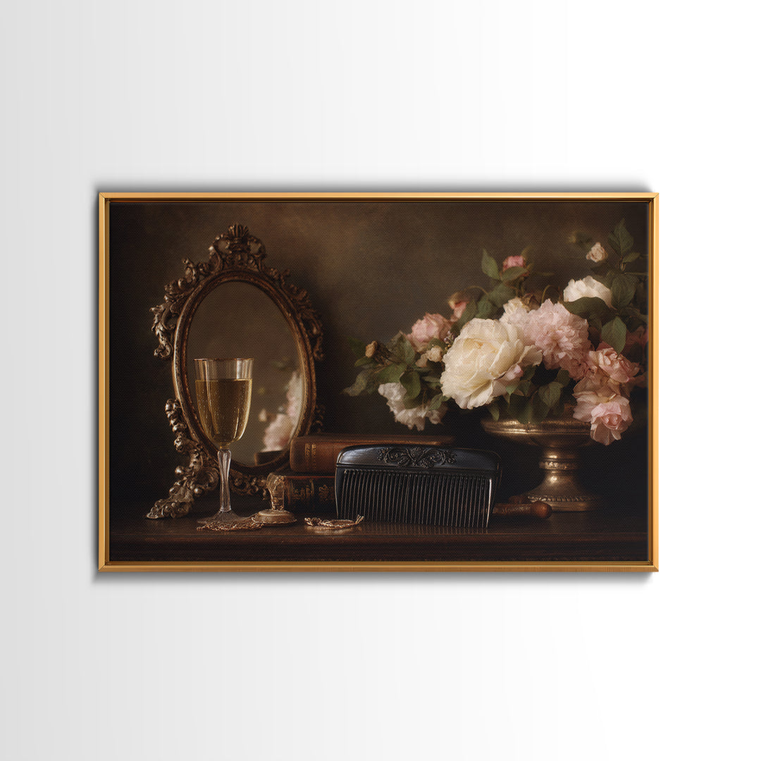 Baroque Mirror and Comb Still Life Framed Canvas Print, Hair Salon Art, Afrocentric Art, Living Room Decor, Fine Art, Style, HSA-3x2-69