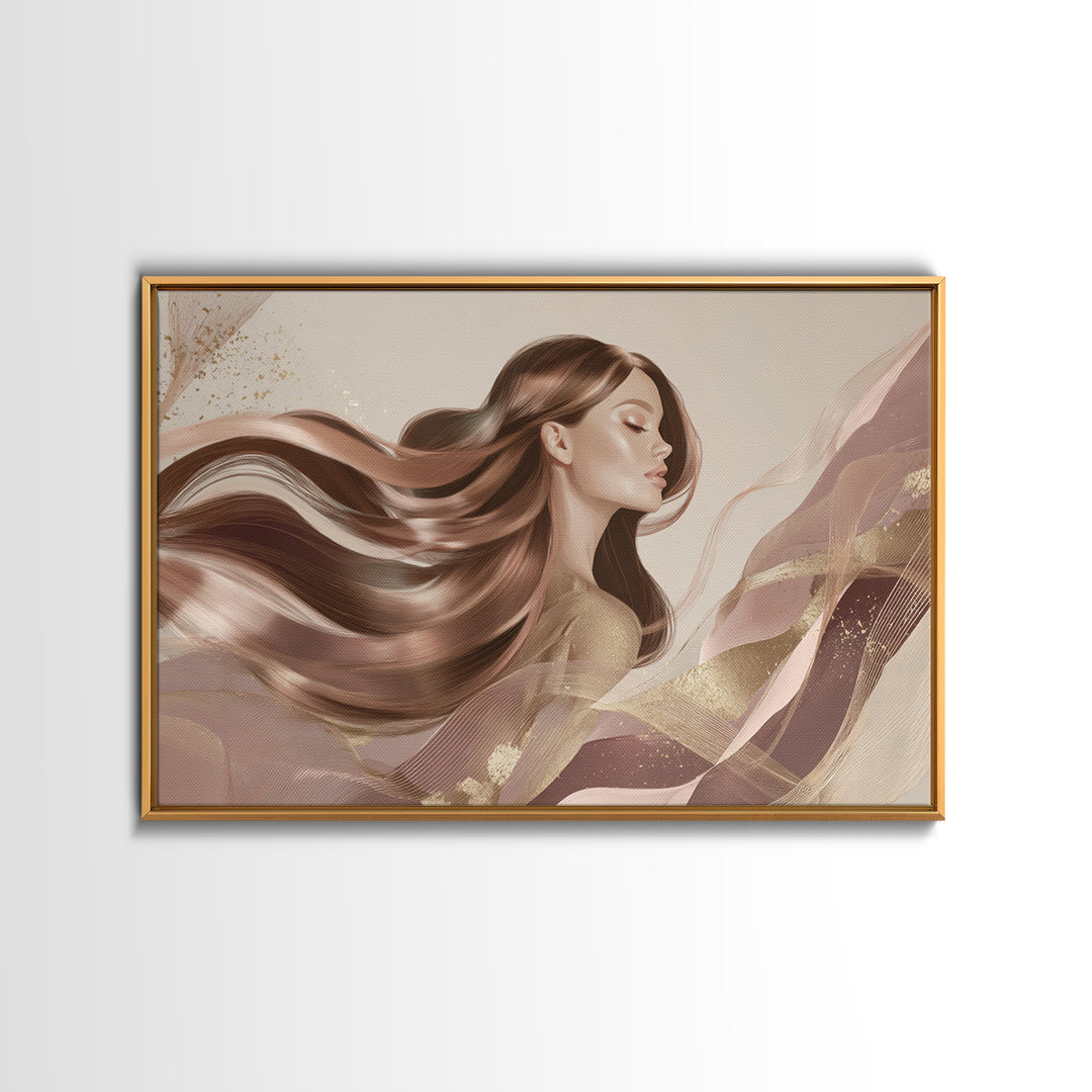 Fashion Portrait with Flowing Glossy Hair Framed Canvas Print, Hair Salon Art, Living Room Decor, Oil Painting, Style, HSA-3x2-77