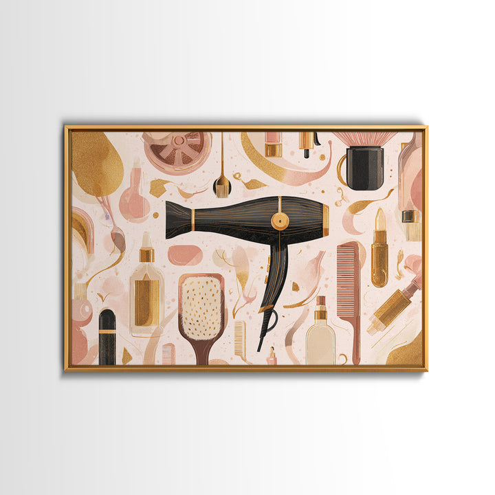Hairdryer and Brush Framed Canvas Print, Hair Salon Art, Hairdresser Gift, Living Room Decor, Fine Art, Style, HSA-3x2-85