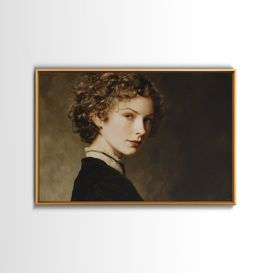 Curly Hair Portrait Framed Canvas Print, Hair Salon Art, Art, Living Room Decor, Oil Painting, Style, Black Art Prints, HSA-3x2-91