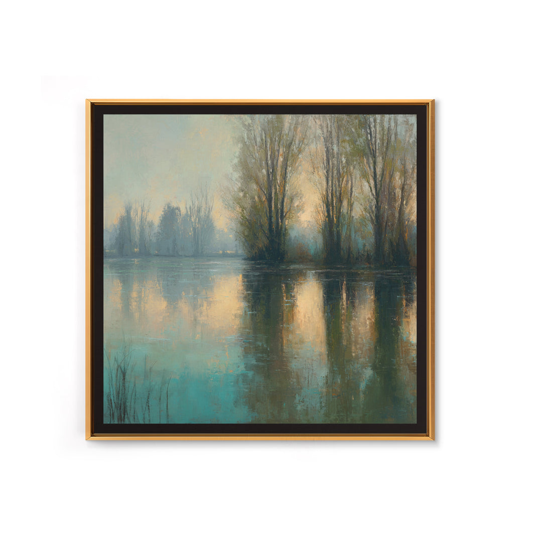 Misty Riverbank with Willow Trees Framed Canvas Print, Impressionist Art, Living Room Decor, Impression, Landscape Art, IMP-1x1-11