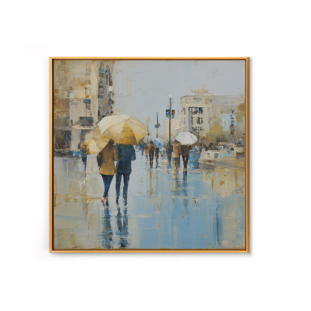 Rainy Boulevard with Umbrella Shapes Framed Canvas Print, Impressionist Art, Neutral Decor, Living Room Decor, Impression, IMP-1x1-21