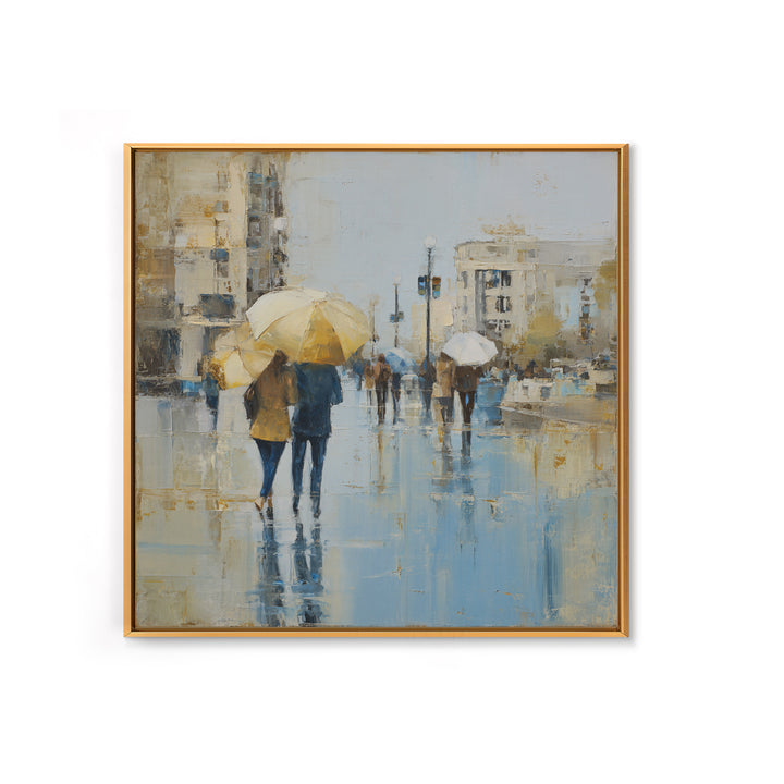 Rainy Boulevard with Umbrella Shapes Framed Canvas Print, Impressionist Art, Neutral Decor, Living Room Decor, Impression, IMP-1x1-21