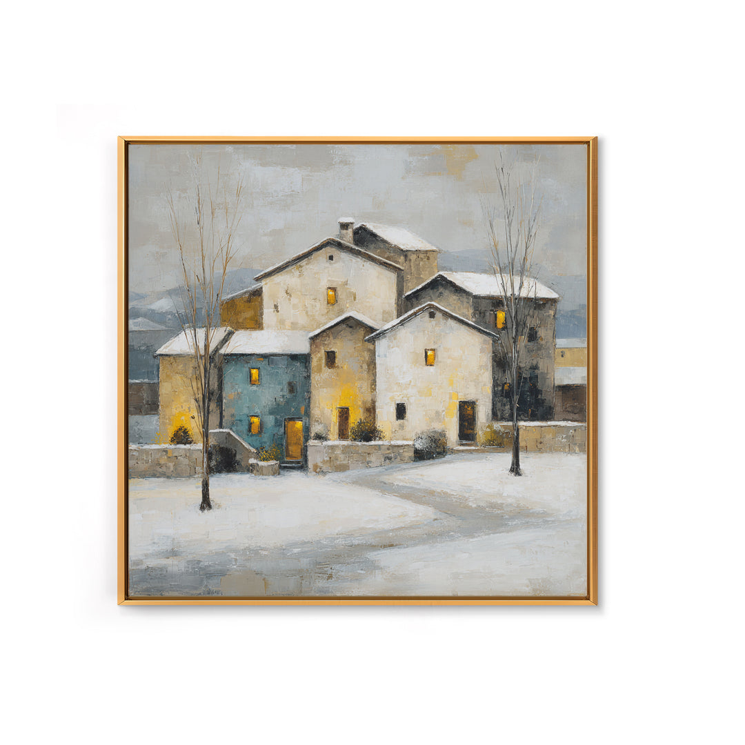 Snowy Village with Warm Glowing Windows Framed Canvas Print, Impressionist Art, Boho Decor, Living Room Decor, Oil Painting, IMP-1x1-37