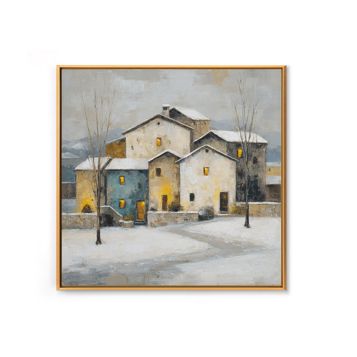 Snowy Village with Warm Glowing Windows Framed Canvas Print, Impressionist Art, Boho Decor, Living Room Decor, Oil Painting, IMP-1x1-37