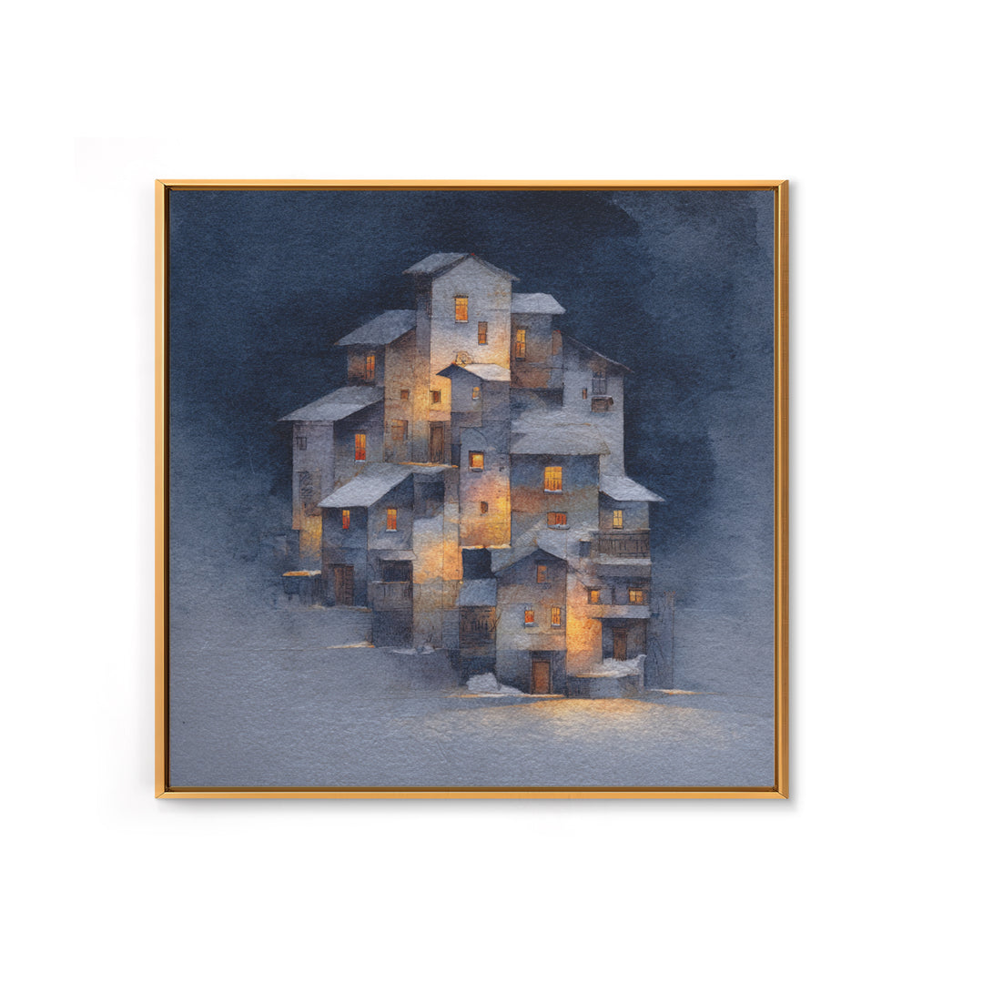 Snowy Village with Warm Glowing Windows Framed Canvas Print, Impressionist Art, Boho Decor, Living Room Decor, Oil Painting, IMP-1x1-61